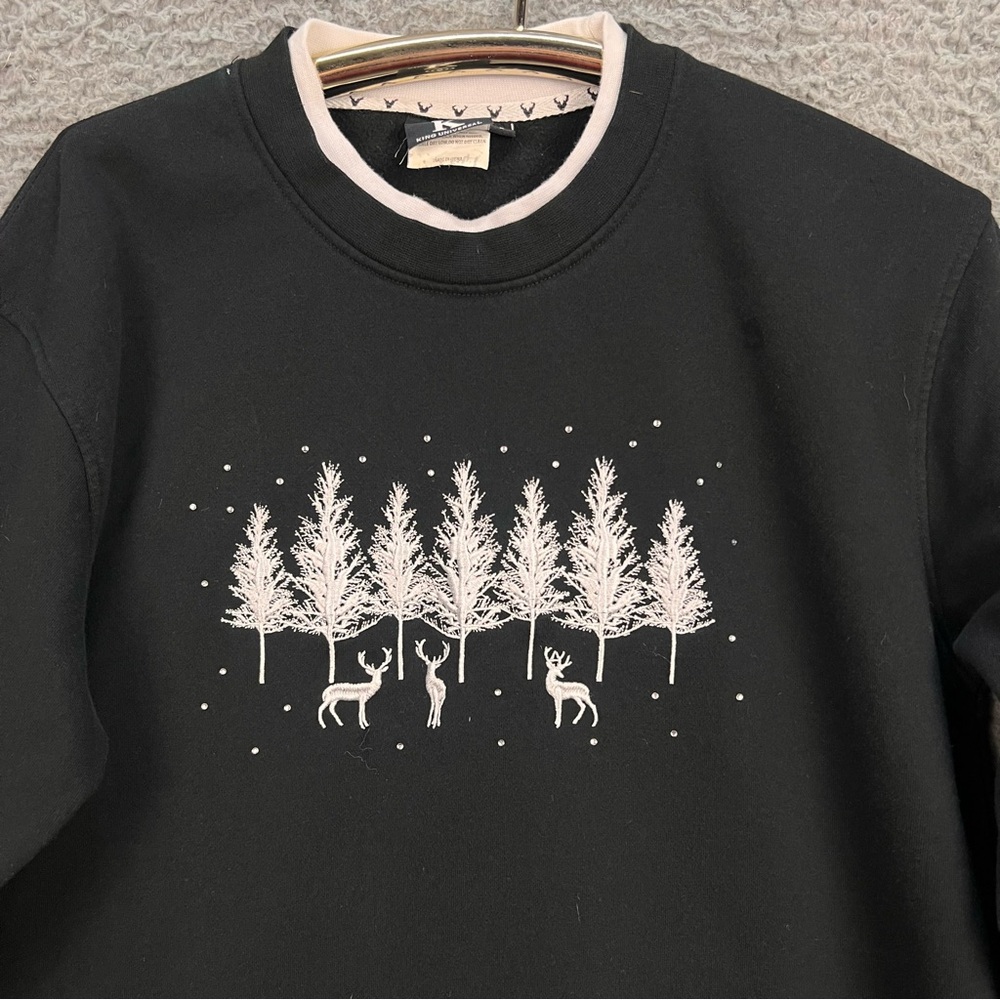 VTG Winter Christmas Sweatshirt Women Large Black White Deer Buck King Universal